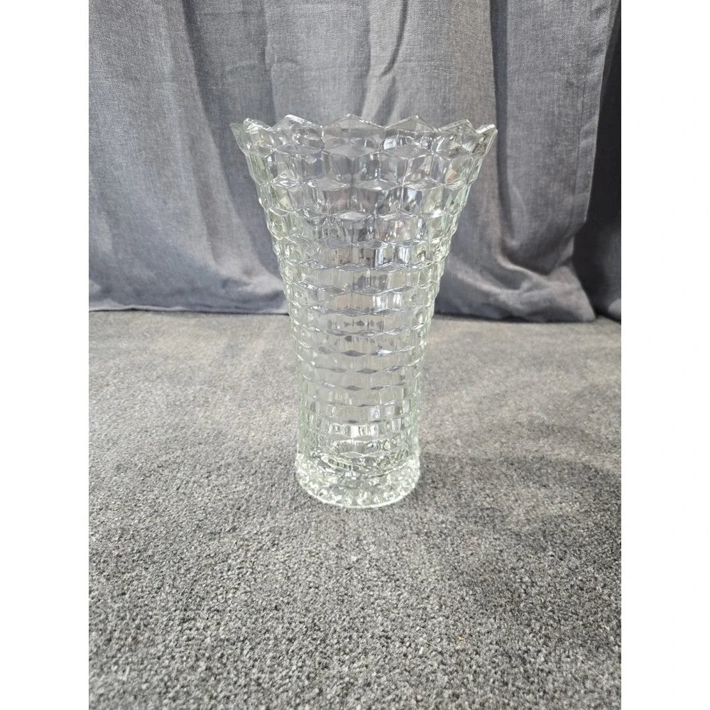 Fostoria American Cube Block Pattern Crystal Vase Scalloped Rim Starburst...